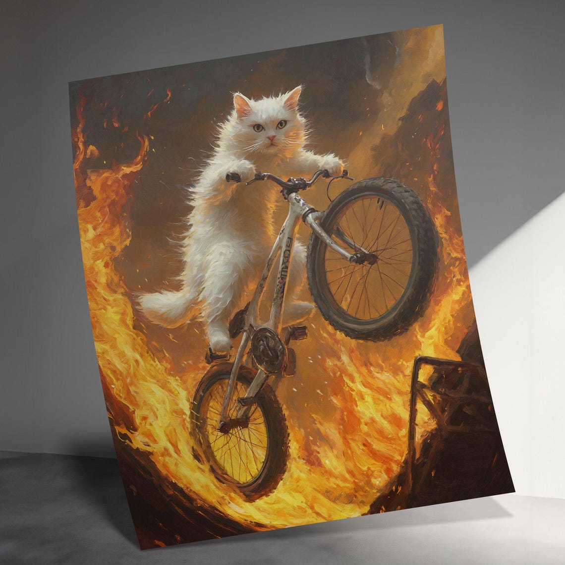 White Cat Riding BMX Bike Fire Ring Stunt Epic Fantasy Wall Art Poster - Image 3
