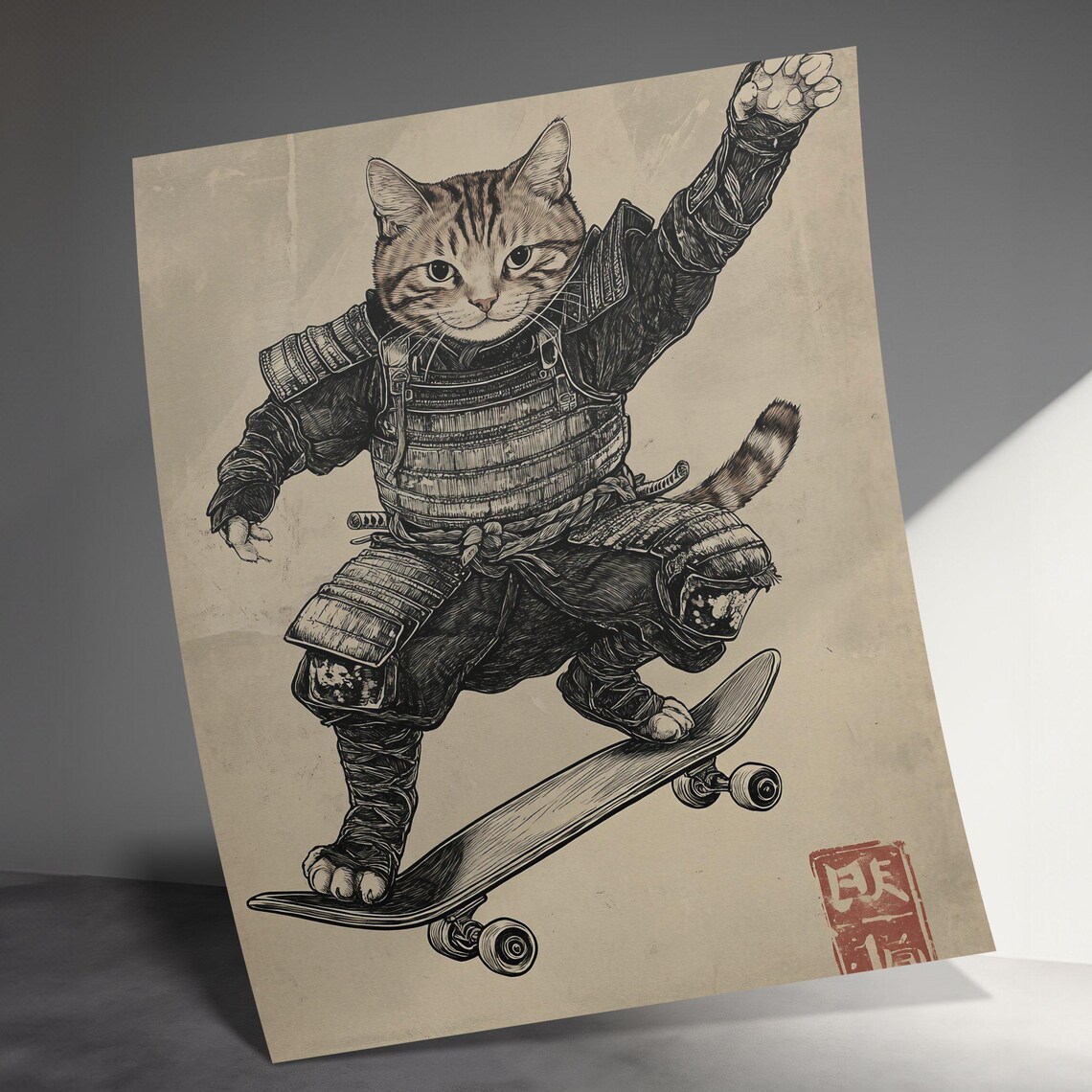 Samurai Tabby Cat Skateboard Trick Japanese Ink Style Funny Animal Poster - Image 3