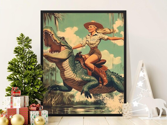 Vintage Cowgirl Riding Roaring Alligator Swamp Splash Safari Adventure Poster