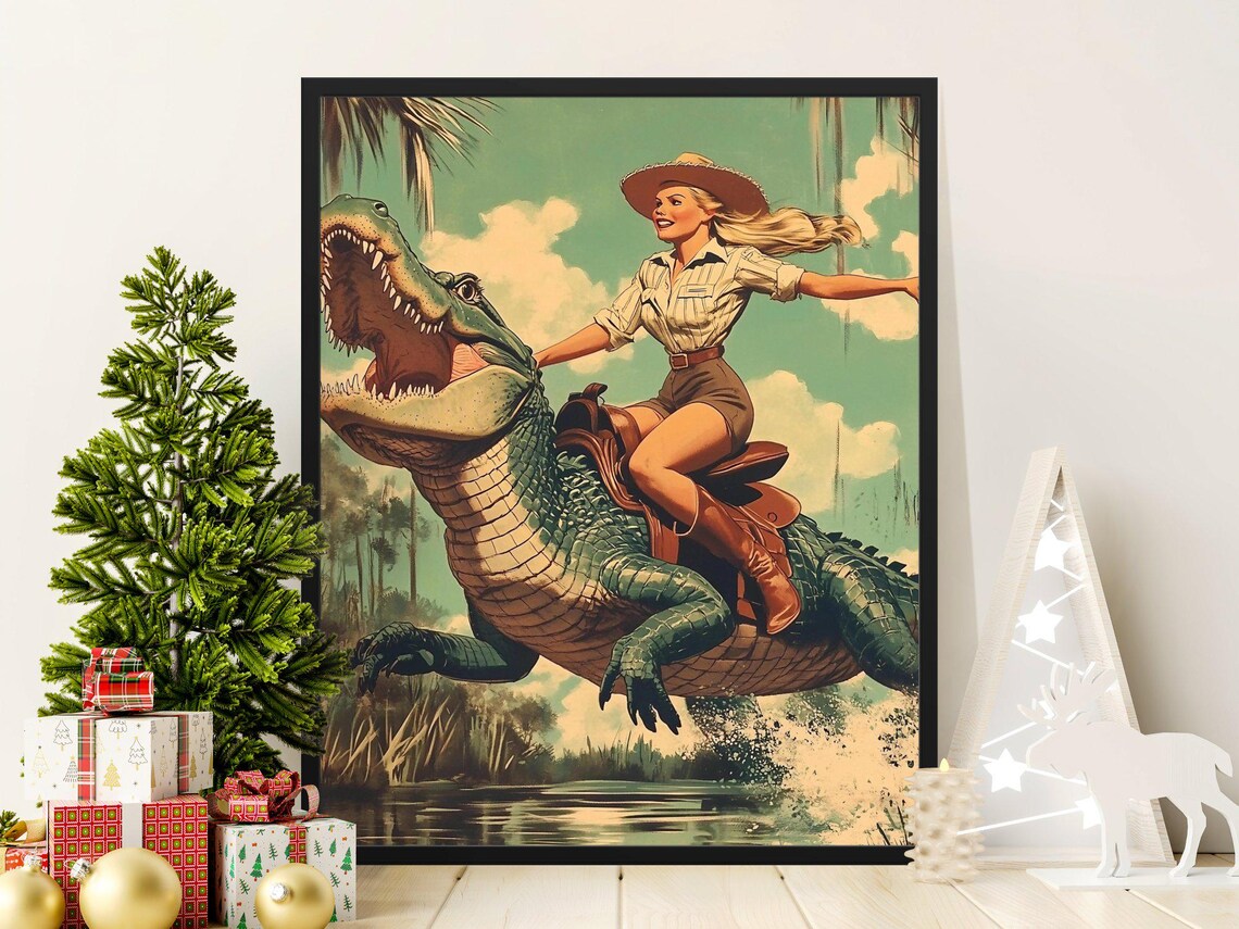 Vintage Cowgirl Riding Roaring Alligator Swamp Splash Safari Adventure Poster