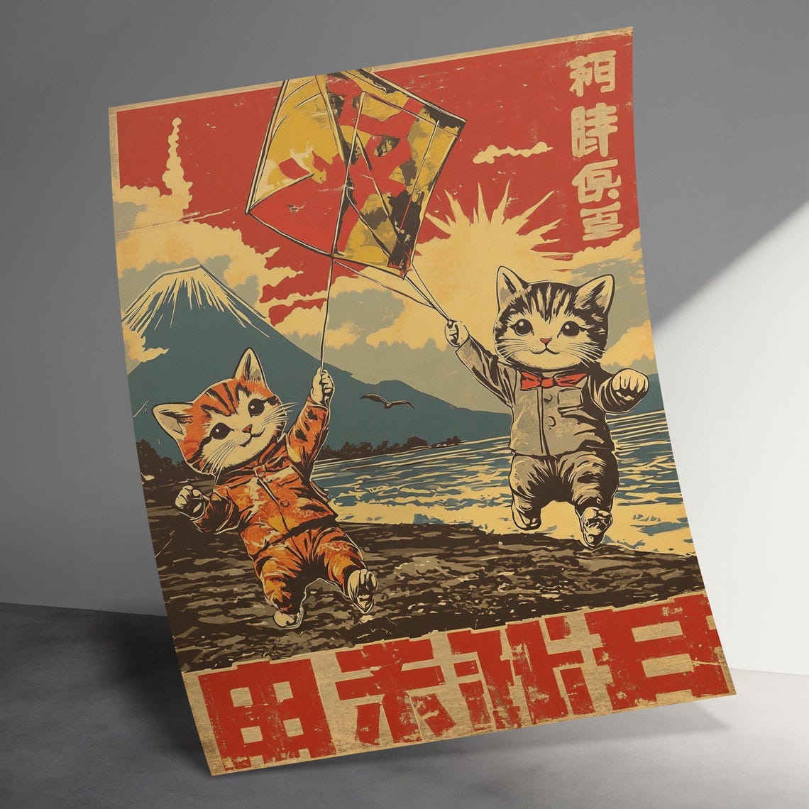 Cute Kittens Flying Kite Beach Mount Fuji Sunset Japanese Art Poster - Image 3