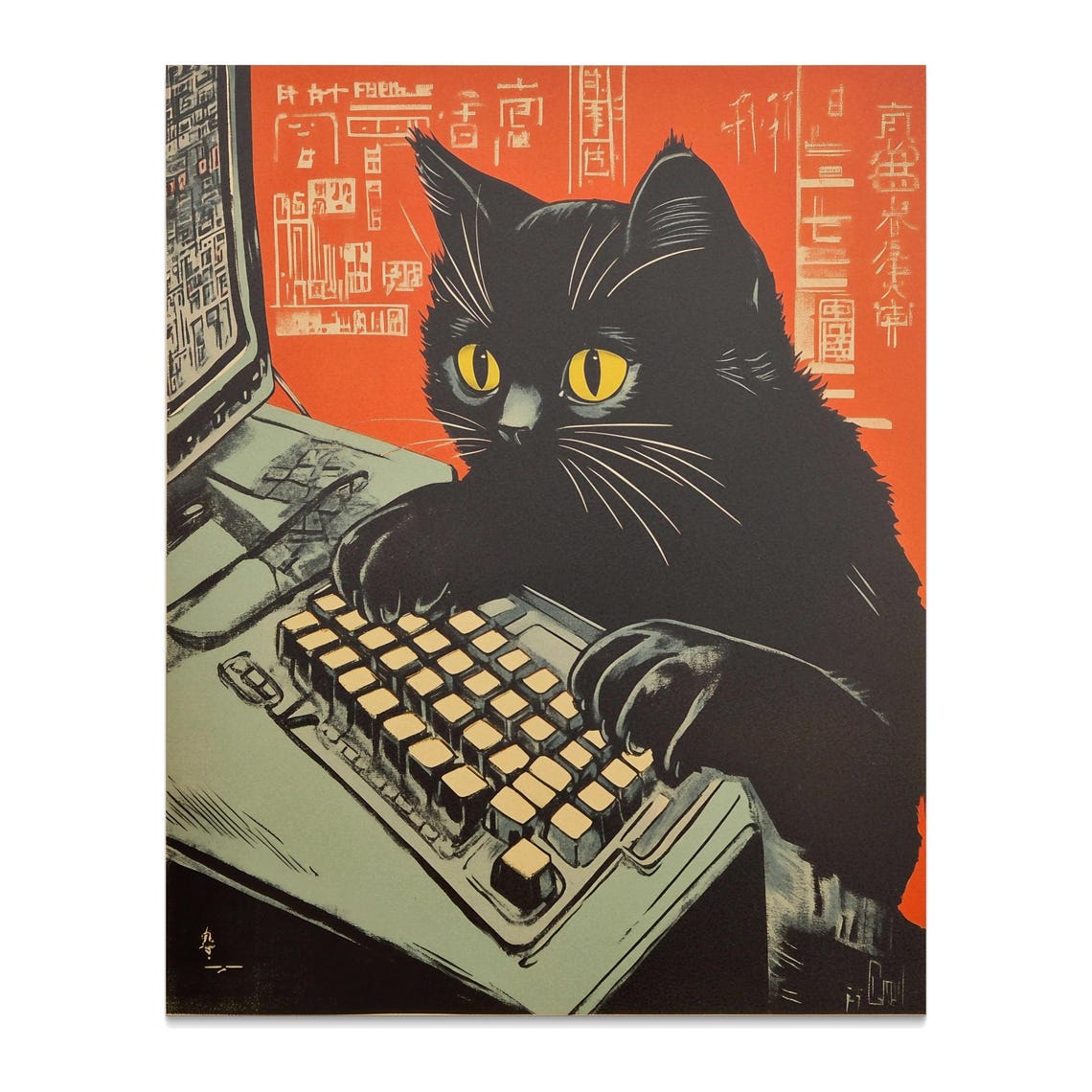Black Cat Typing On Computer Keyboard Retro Japanese Office Poster - Image 3