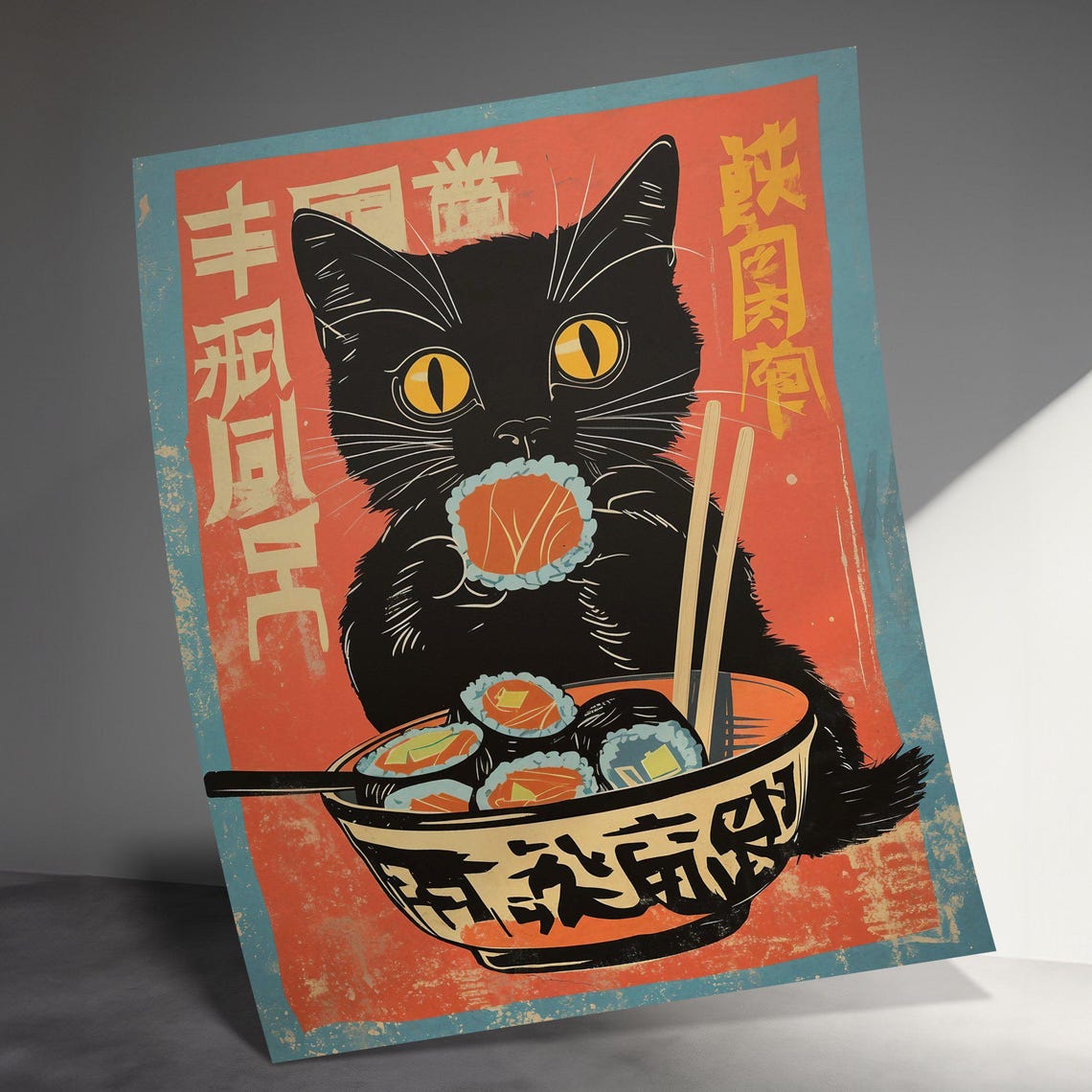 Black Cat Eating Sushi Chopsticks Vintage Japanese Food Poster - Image 3