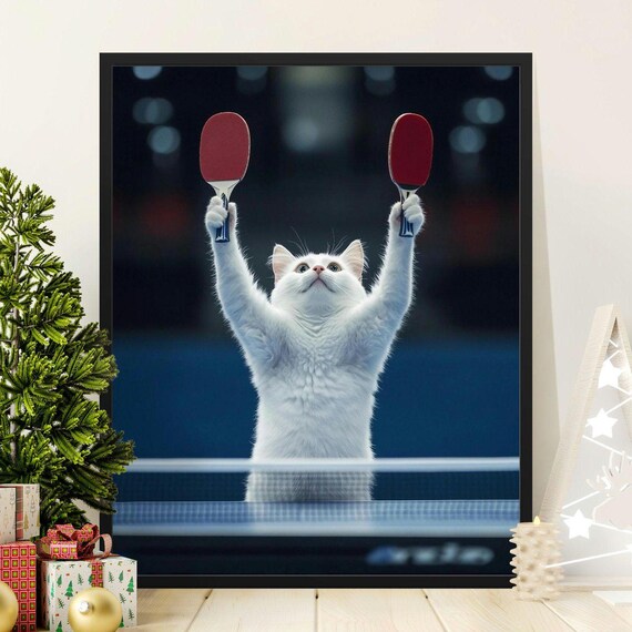 White Cat Holding Two Ping Pong Paddles At Table Tennis Art Poster