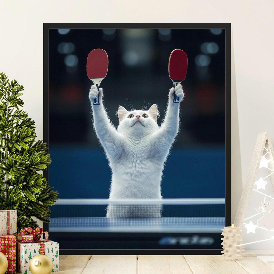 White Cat Holding Two Ping Pong Paddles At Table Tennis Art Poster