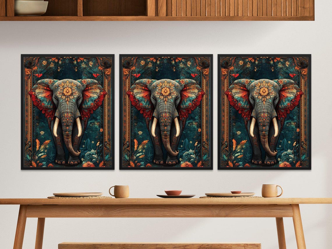 Colorful Boho Floral Mandala Elephant Ornate Teal Decor Wall Art - Image 2