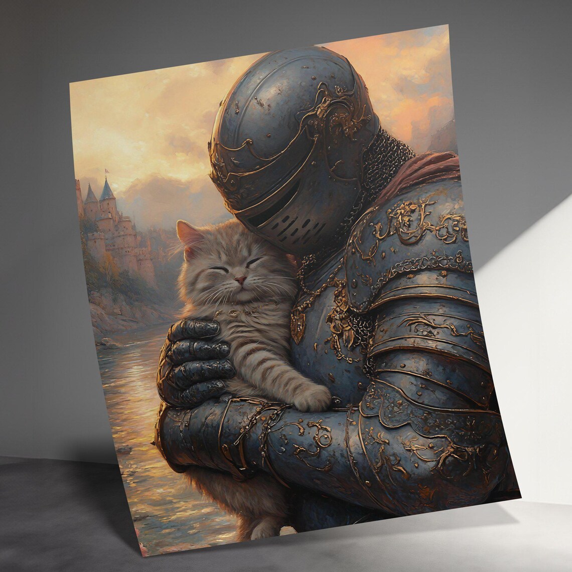 Armored Knight Cuddling Tabby Cat Castle Sunset Fantasy Wall Art Poster - Image 3