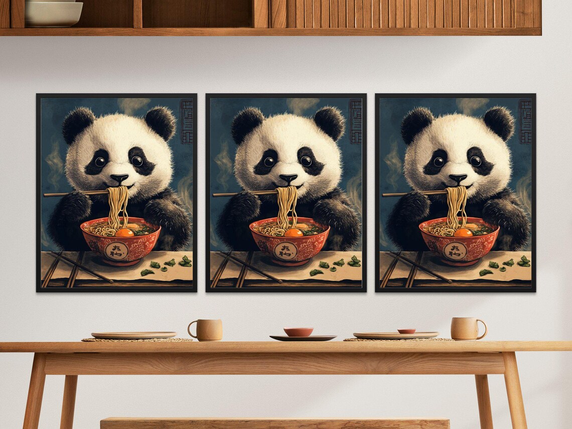 Cute Baby Panda Eating Ramen Chopsticks Bowl Adorable Vintage Kitchen Poster - Image 2