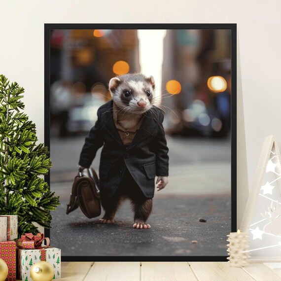Cute Ferret In Suit Poster Animal In Business Attire Wall Art Funny Ferret With Briefcase Print Office Decor Unique Animal Poster