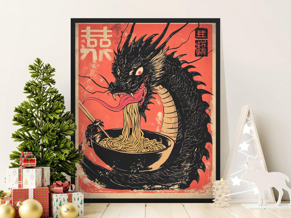 Japanese Black Dragon Slurping Ramen Red Vintage Kitchen Art Poster