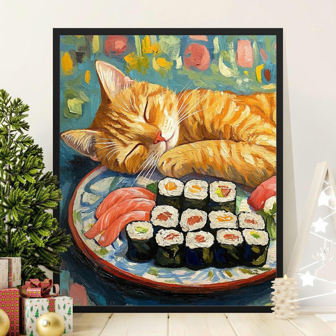 Ginger Cat Sleeping Next To Sushi Platter Oil Painting Style Poster