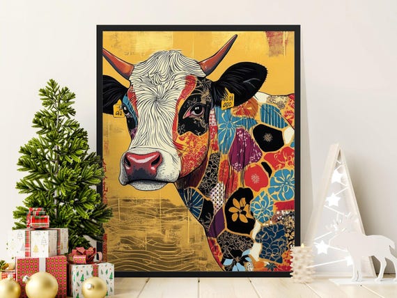 Vibrant Japanese Cow Art Poster Colorful Animal Wall Art Unique Cow Print Artistic Home Decor Farmhouse Wall Decor Bold Cow Painting