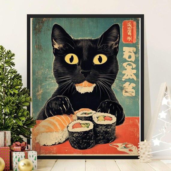 Black Cat Eating Sushi Nigiri And Maki Rolls Teal Retro Japanese Art Poster