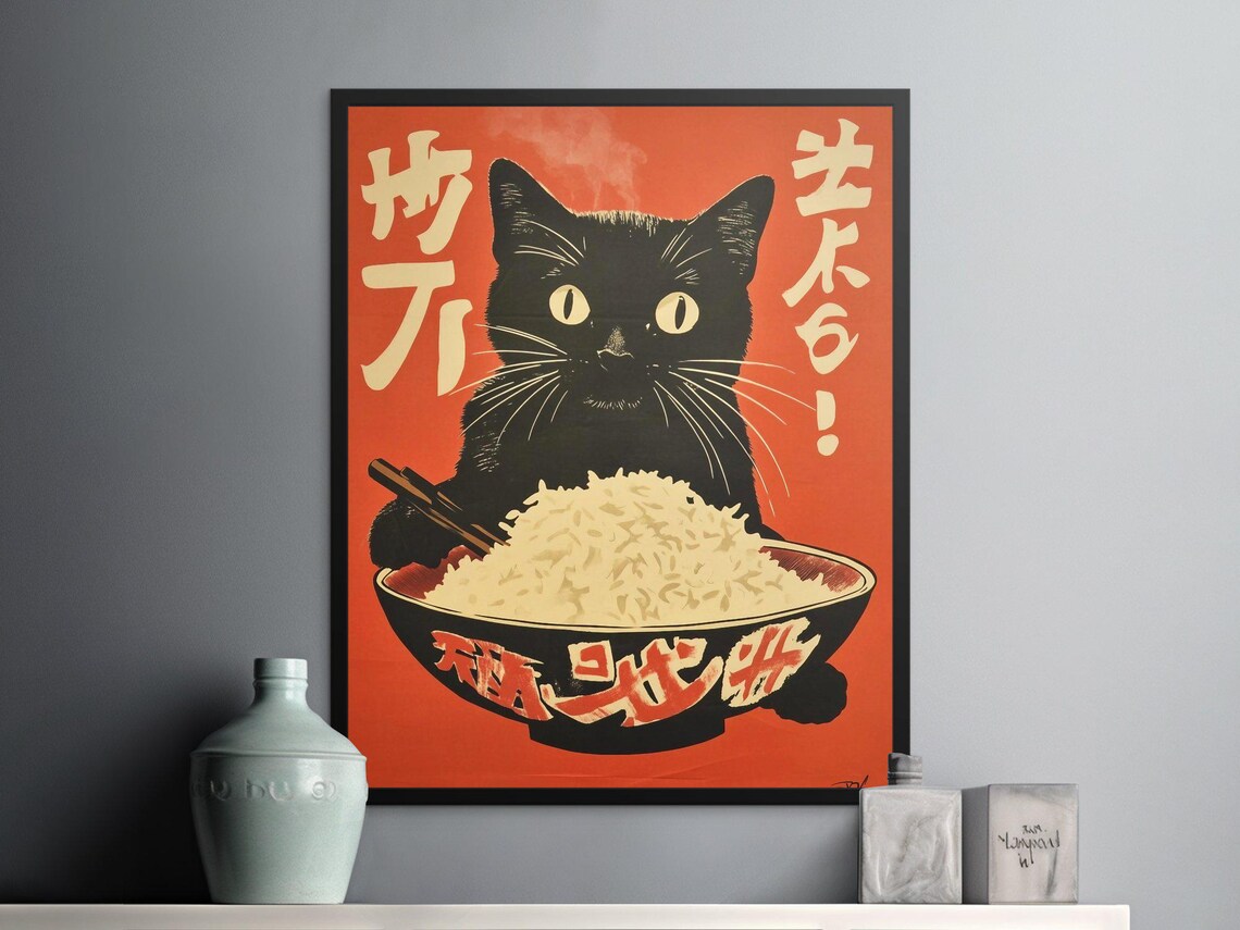Hungry Black Cat Chopsticks Giant Rice Bowl Bold Red Japanese Poster - Image 2