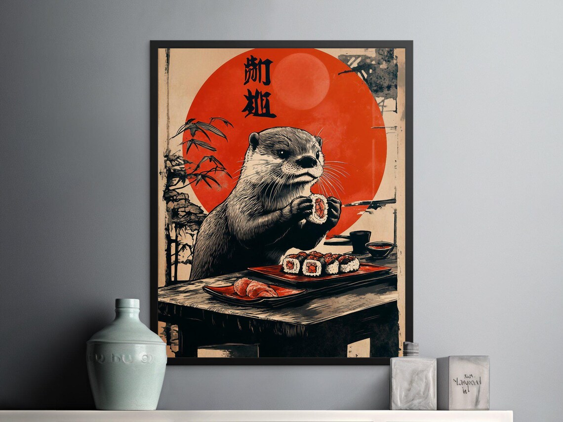 Adorable Otter Eating Sushi Japanese Red Sun Whimsical Wall Art Poster - Image 2