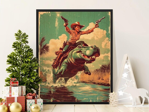 Retro Cowgirl Riding Hippo River Splash Dual Pistols Western Adventure Poster