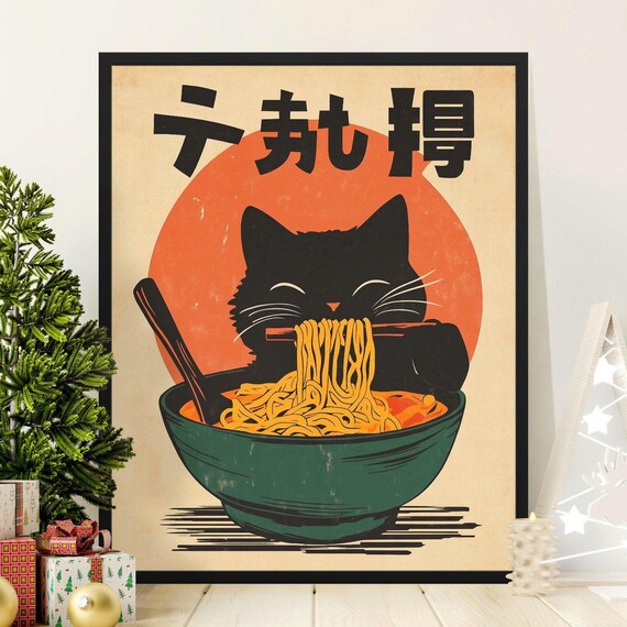 Happy Black Cat Eating Ramen Green Bowl Vintage Japanese Noodle Poster