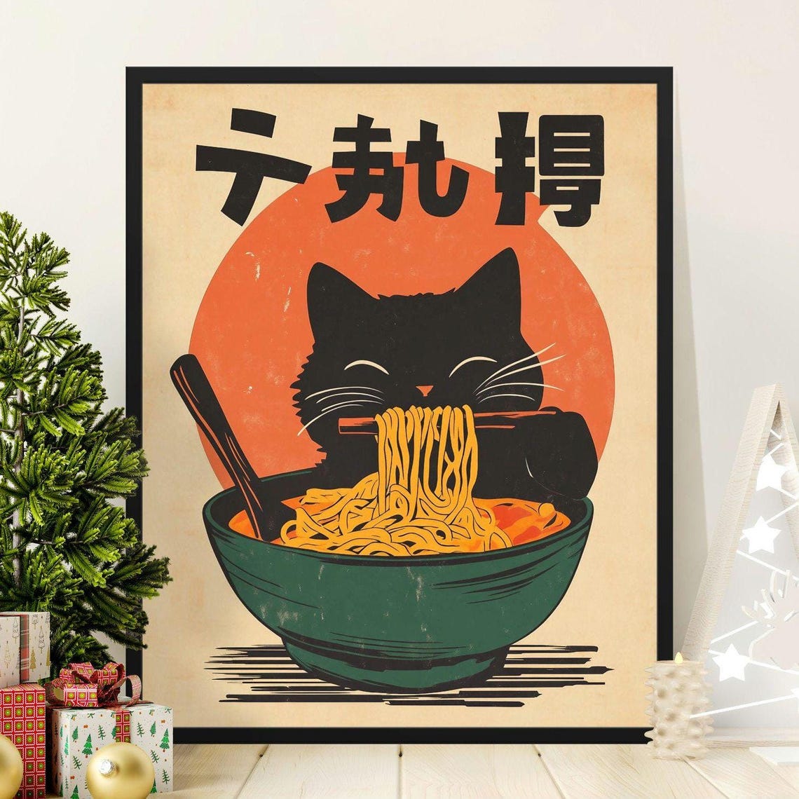 Happy Black Cat Eating Ramen Green Bowl Vintage Japanese Noodle Poster