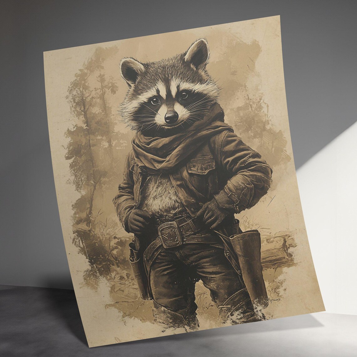 Raccoon Cowboy With Gun Belt Vintage Western Animal Character Poster - Image 3