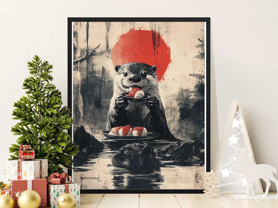 Otter Eating Sushi Red Sun Japanese Ink Painting Style Animal Poster