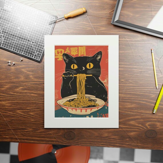 Black Cat Eating Ramen Retro Japanese Food Poster With Chopsticks