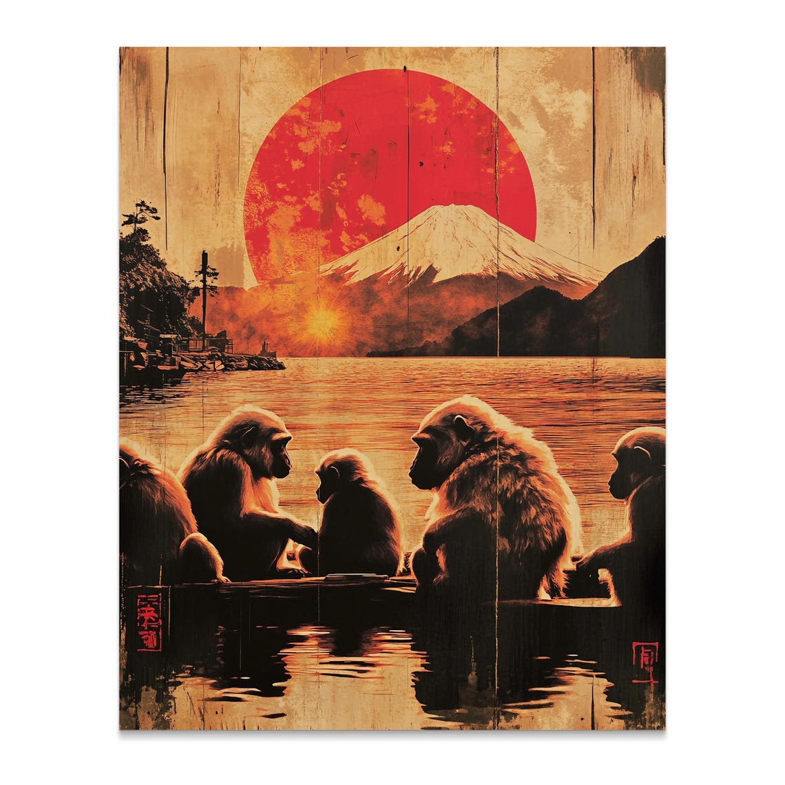 Snow Monkeys Sunset Lake Mount Fuji Vintage Japanese Wildlife Poster - Image 2