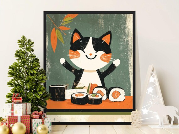 Happy Cat Sushi Party Mid Century Modern Cute Cartoon Kitchen Art Poster