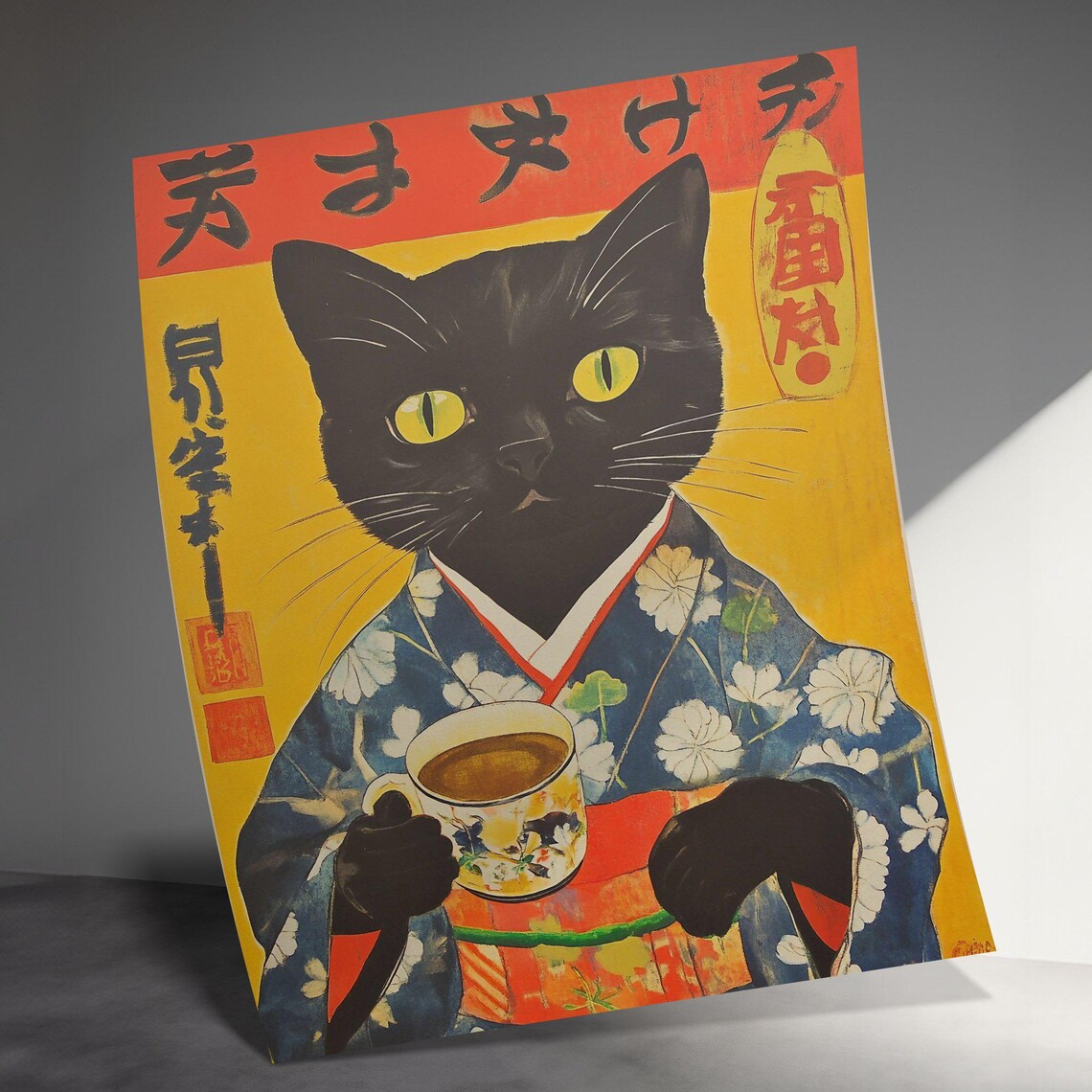 Vintage Black Cat Kimono Tea Cup Japanese Culture Retro Art Poster - Image 3