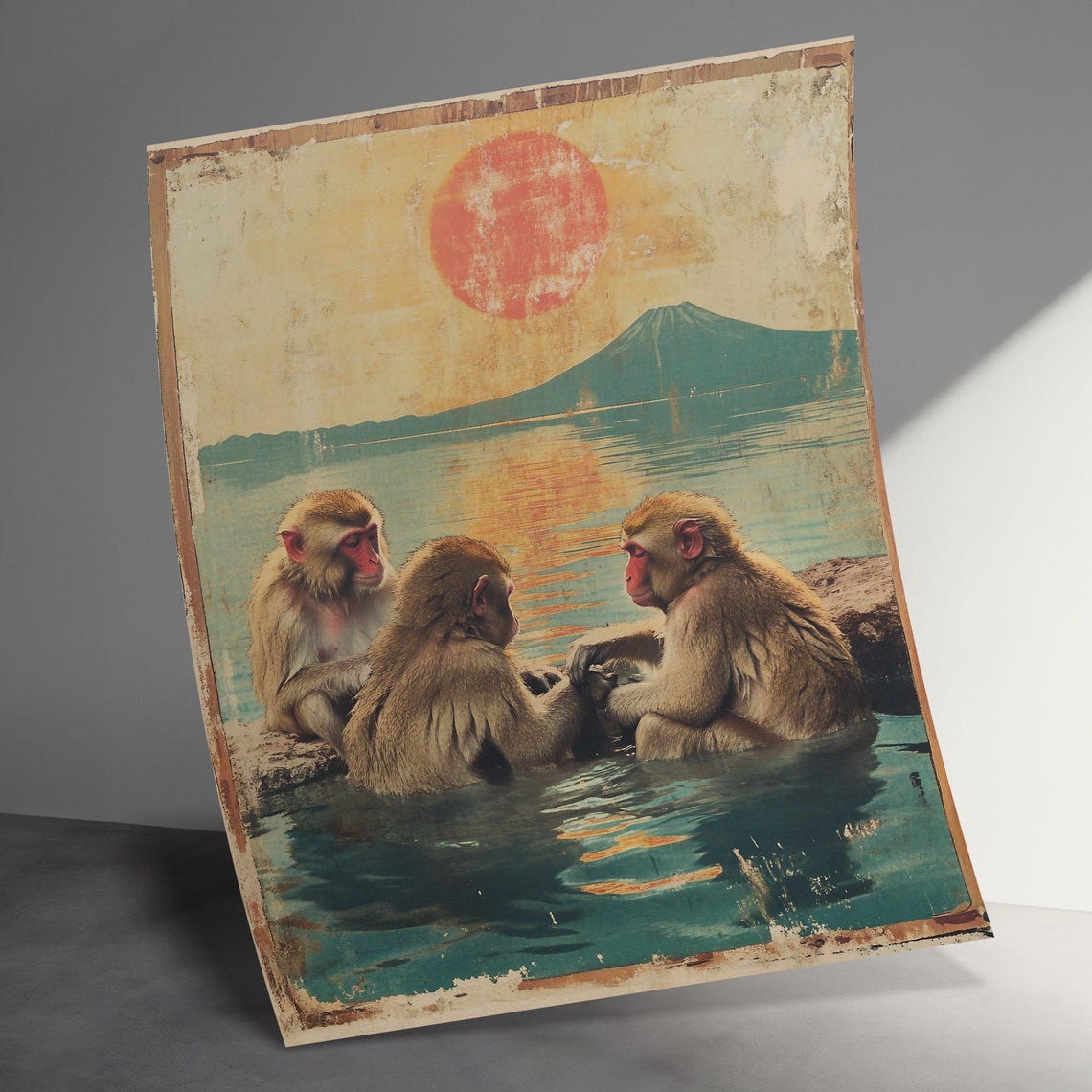 Snow Monkeys Holding Hands Hot Spring Mount Fuji Retro Art Poster - Image 3