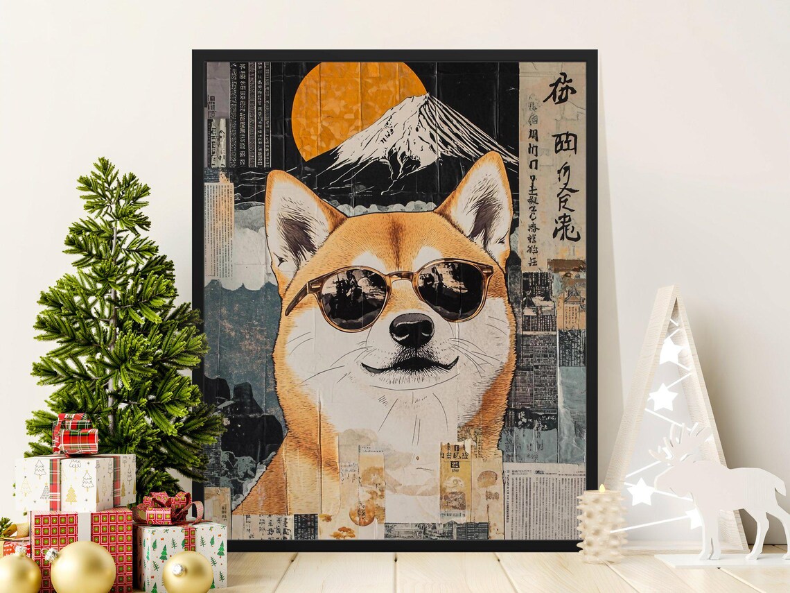 Cool Shiba Inu Dog Sunglasses Mount Fuji Japanese Collage Art Poster