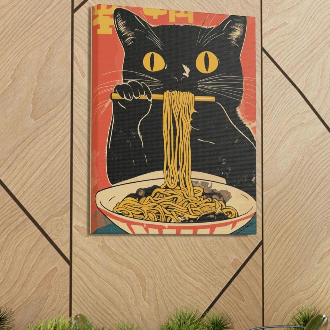 Black Cat Slurping Ramen Vintage Japanese Noodle Art Wall Poster