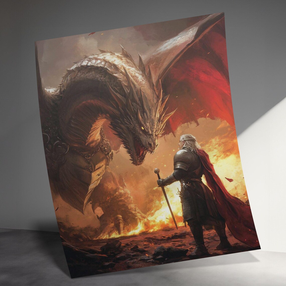 Armored Knight Facing Colossal Dragon Flames Epic Fantasy Battle Poster - Image 3