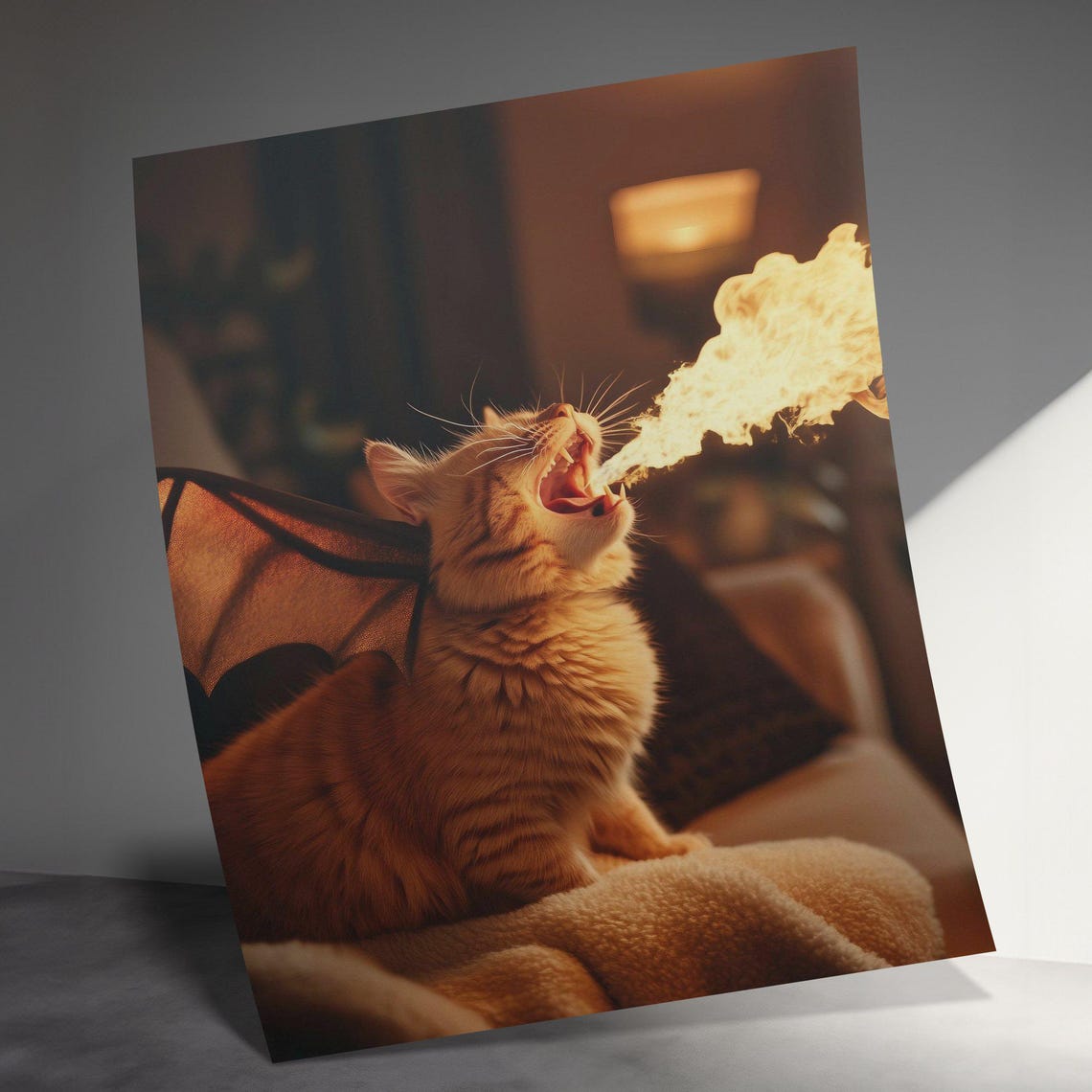 Dragon Cat Breathing Fire Bat Wings Fantasy Halloween Wall Art Poster - Image 3