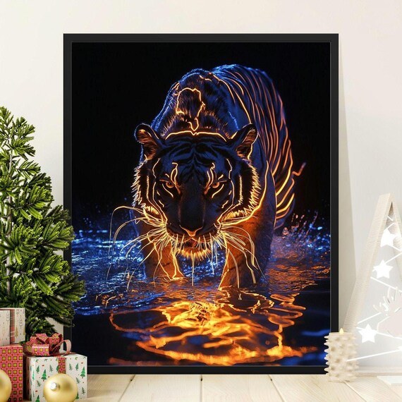 Neon Tiger Walking Through Water Night Glowing Jungle Wildlife Wall Art