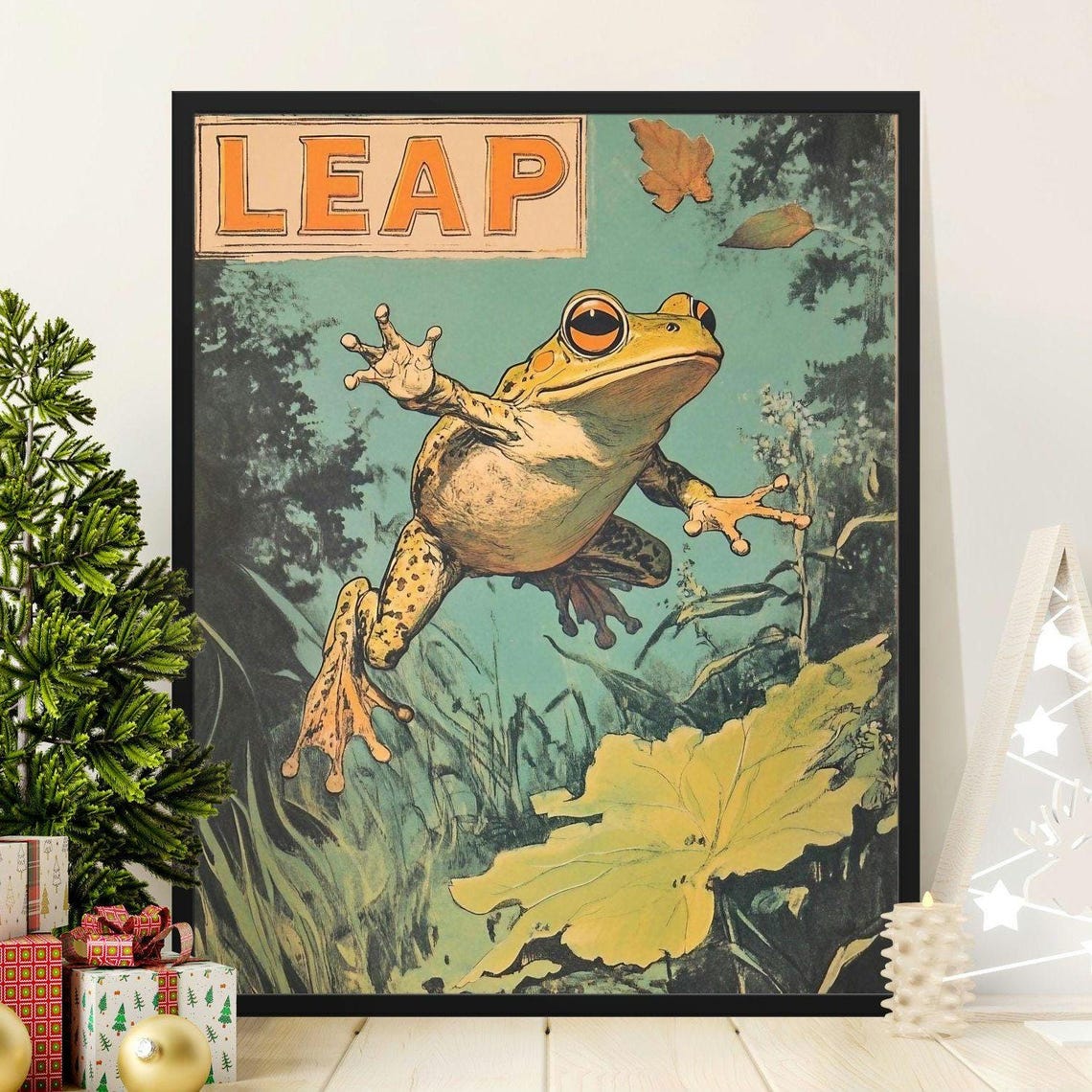 Leap Vintage Frog Jumping Pond Retro Nature Illustration Poster
