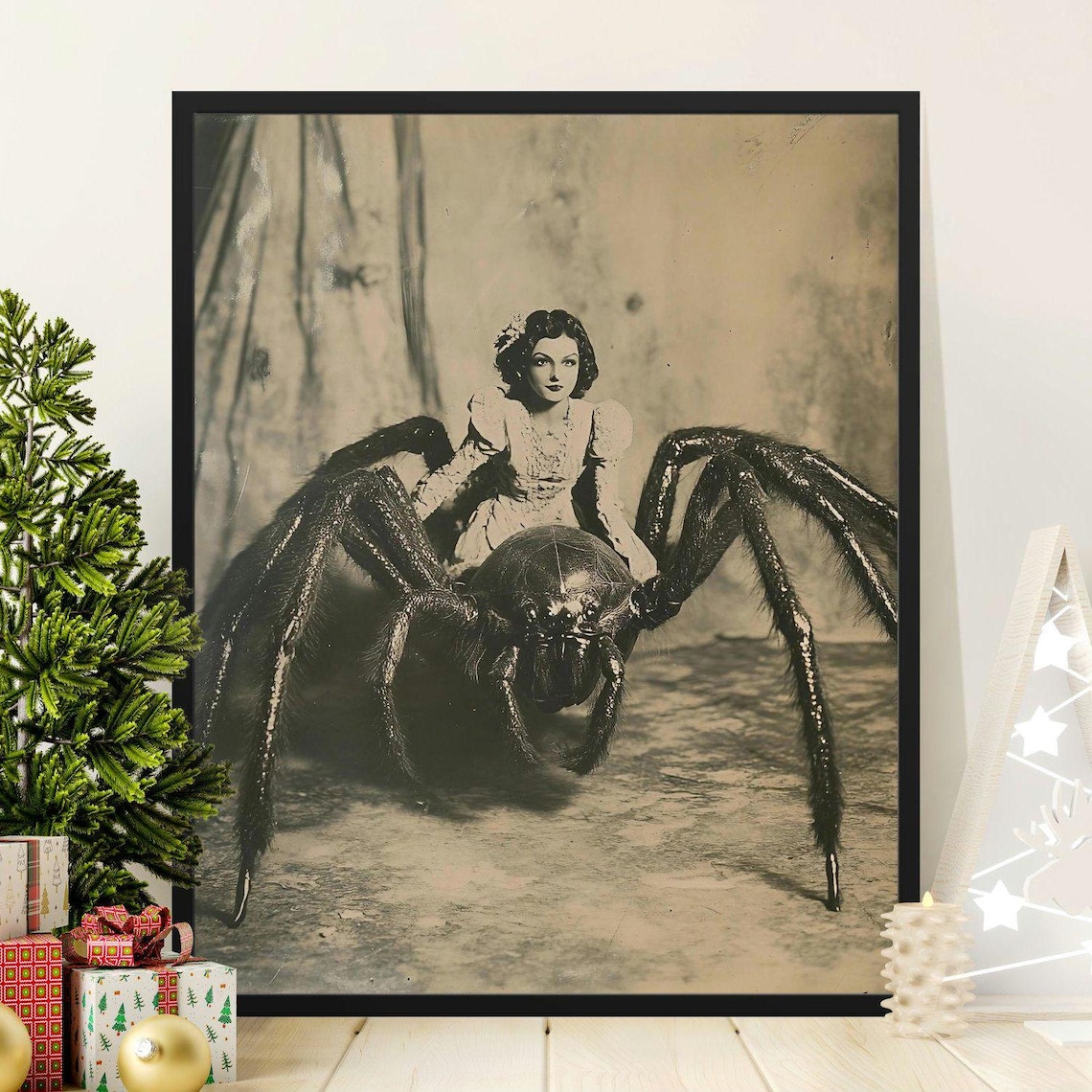 Vintage Woman Riding Giant Spider, Gothic Art Print