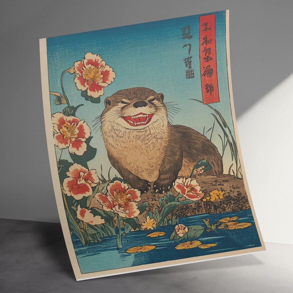 Smiling Otter Pond Lilies Peonies Japanese Woodblock Style Wall Art Poster - Image 3