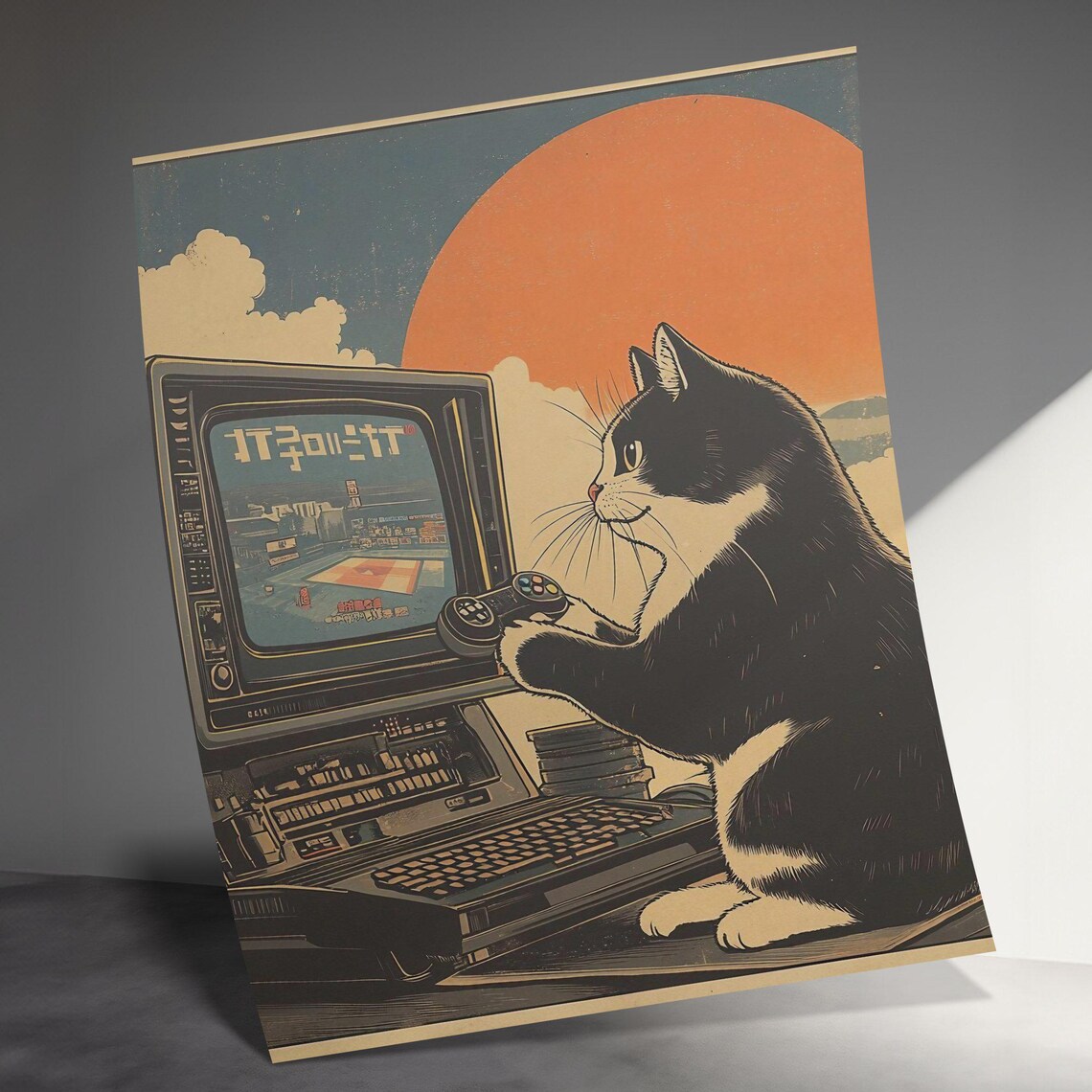 Retro Tuxedo Cat Playing Video Game Joystick Sunset Neon Gaming Poster - Image 2
