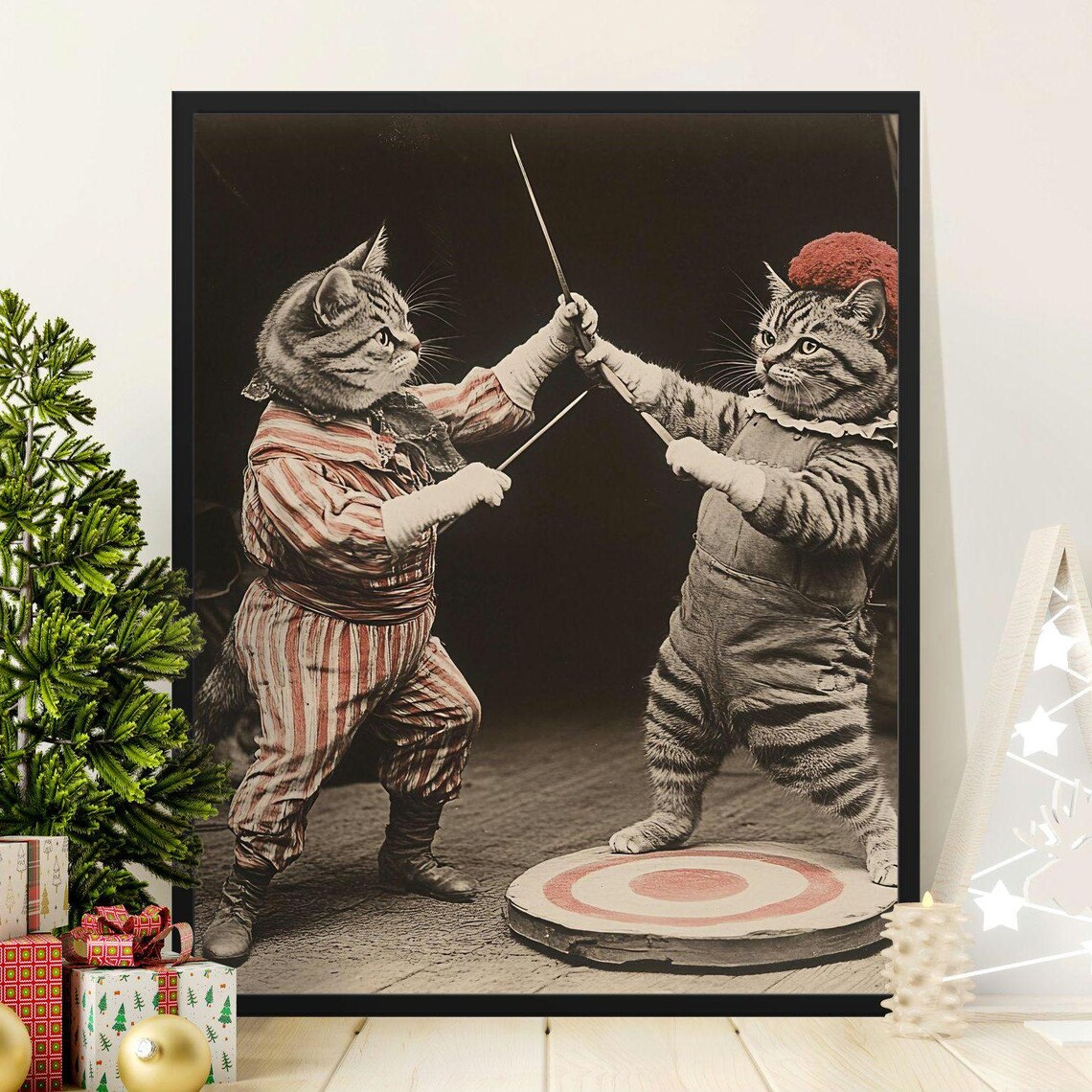 Vintage Cats Fencing Duel Sepia Photograph Quirky Retro Wall Art