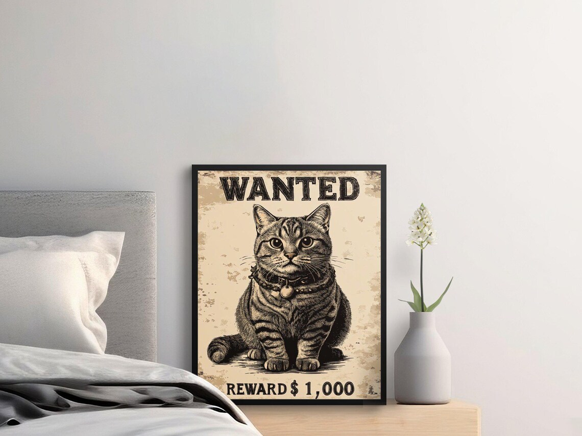 Wanted Reward Tabby Cat Vintage Western Style Funny Animal Art Poster - Image 2