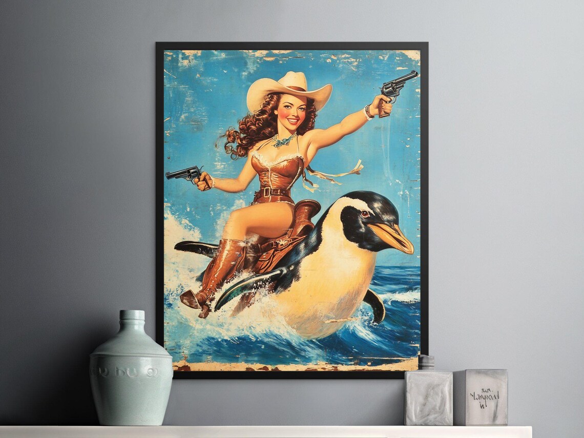 Vintage Cowgirl Riding Giant Penguin Retro Pin Up Ocean Poster Art