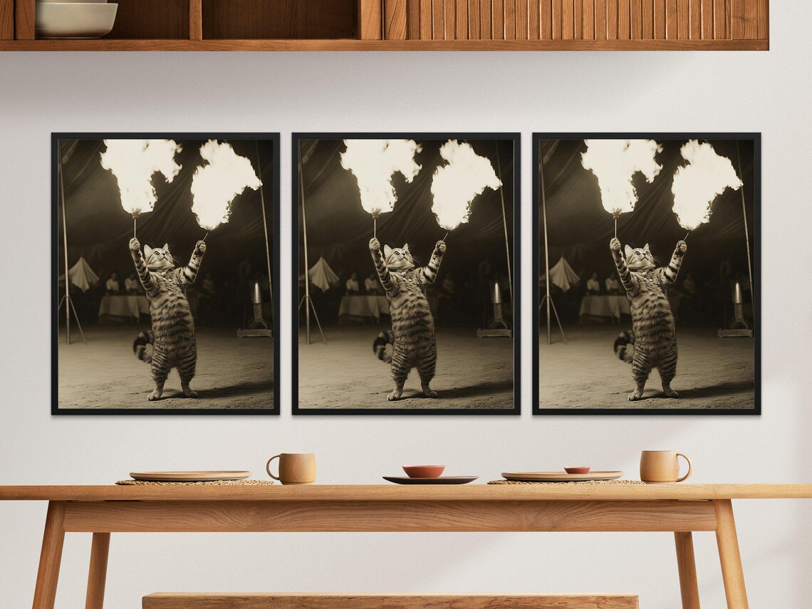 Cat Fire Juggler With Flaming Torches Circus Sepia Photo Poster - Image 2