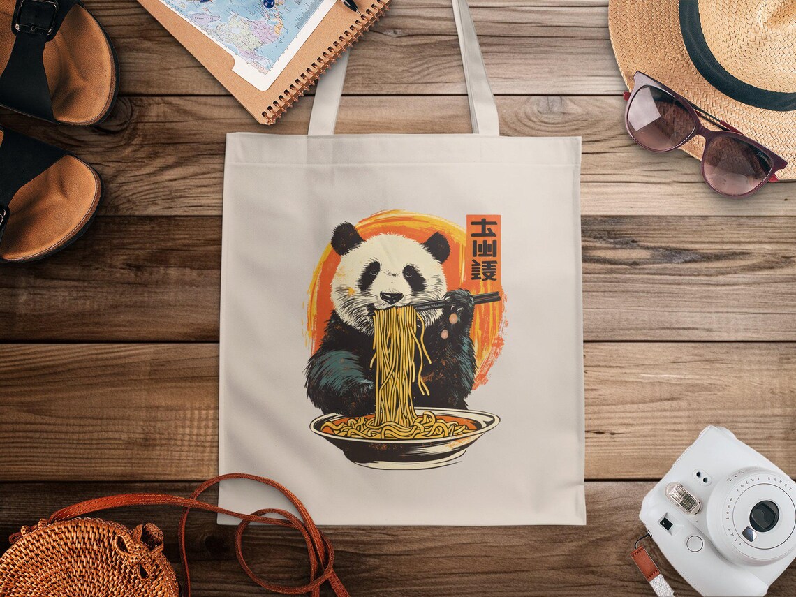 Cute Panda Eating Noodles Retro Japanese Design Shown On Tote Bag Print