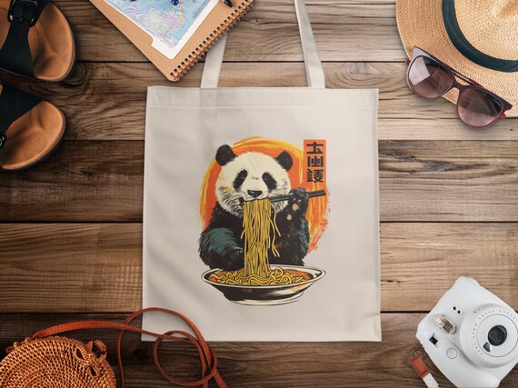 Cute Panda Eating Noodles Retro Japanese Design Shown On Tote Bag Print