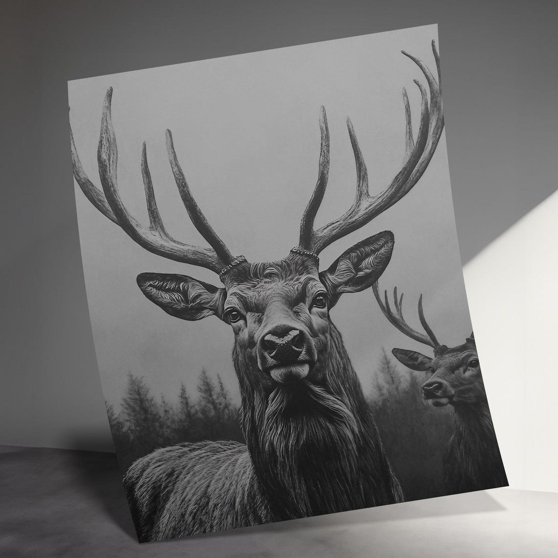 Majestic Rustic Deer Stag Portrait Black And White Forest Wall Art - Image 3