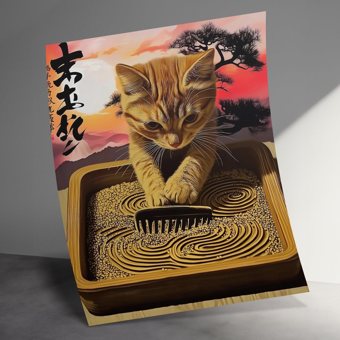 Orange Kitten Raking Zen Sand Garden Japanese Sunset Calligraphy Poster - Image 2