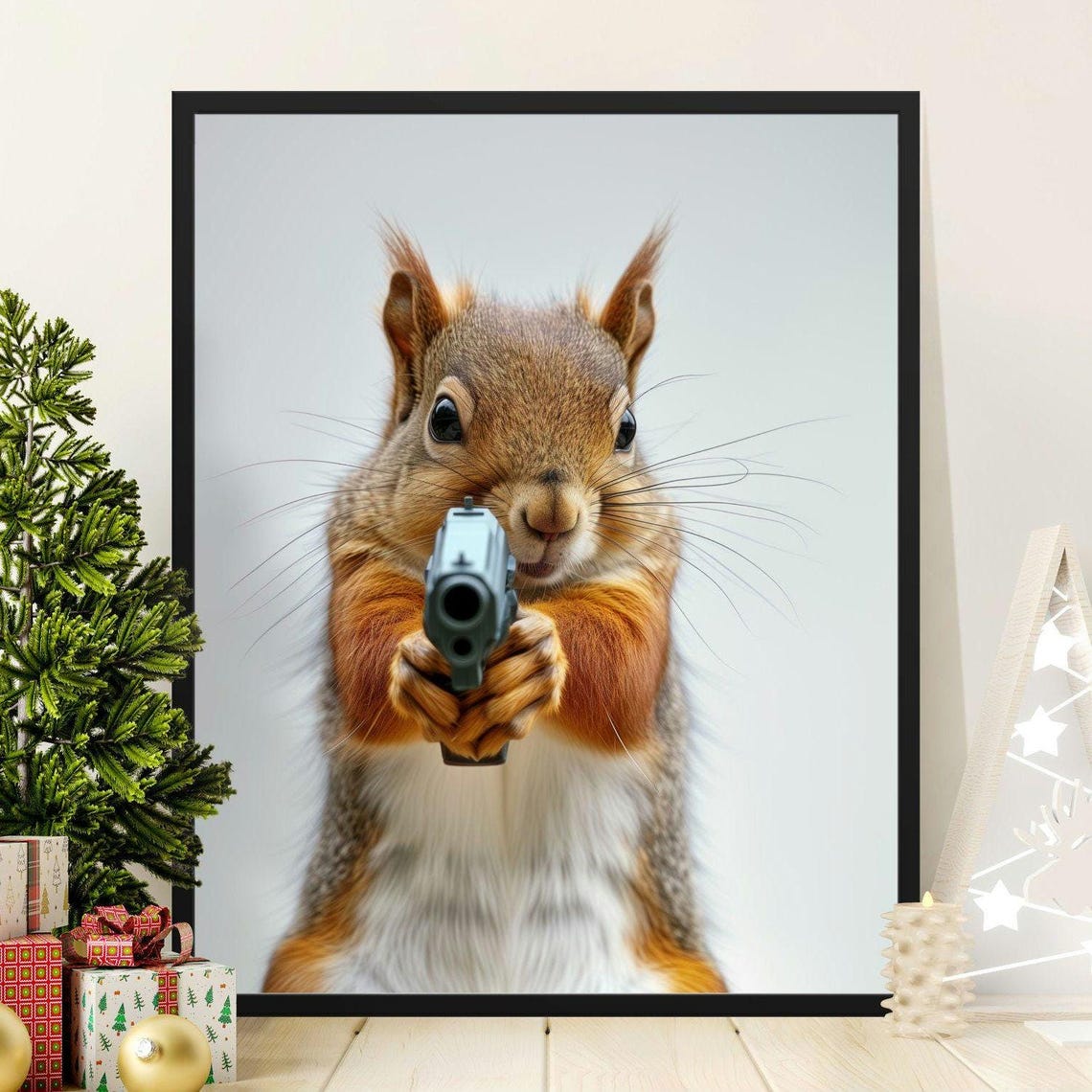 Squirrel Pointing Toy Gun At Viewer Cute Funny Action Animal Poster