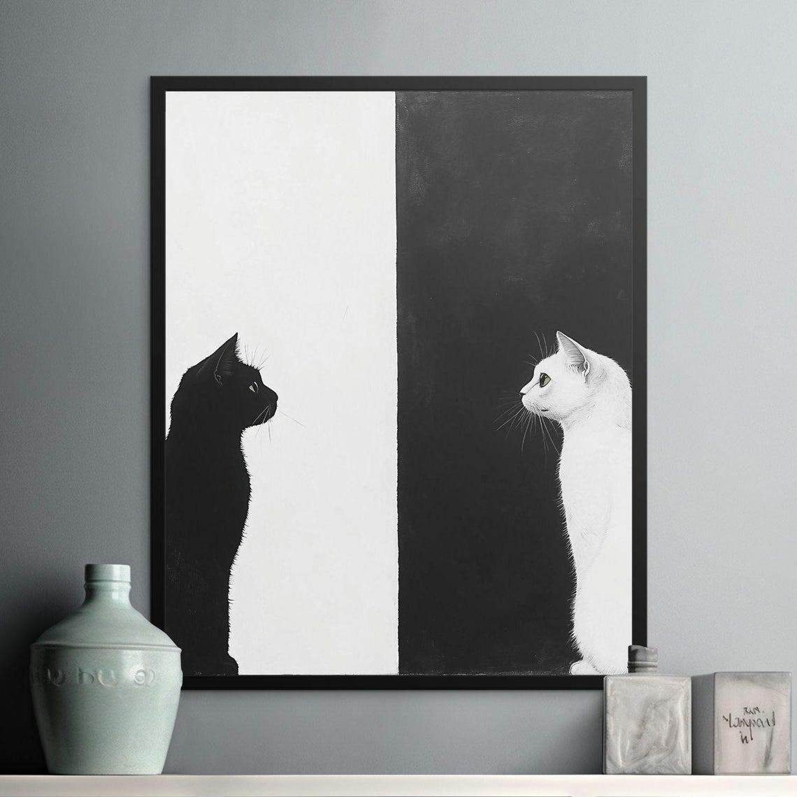 Black And White Cats Facing Each Other Minimalist Yin Yang Wall Art