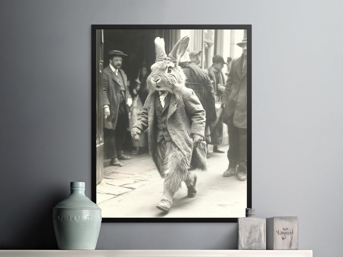 Vintage Rabbit In Suit Walking Street Retro Animal Photo Poster - Image 2