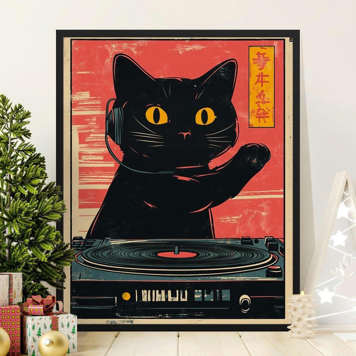 Retro Black Cat DJ Headphones Turntable Japanese Music Poster